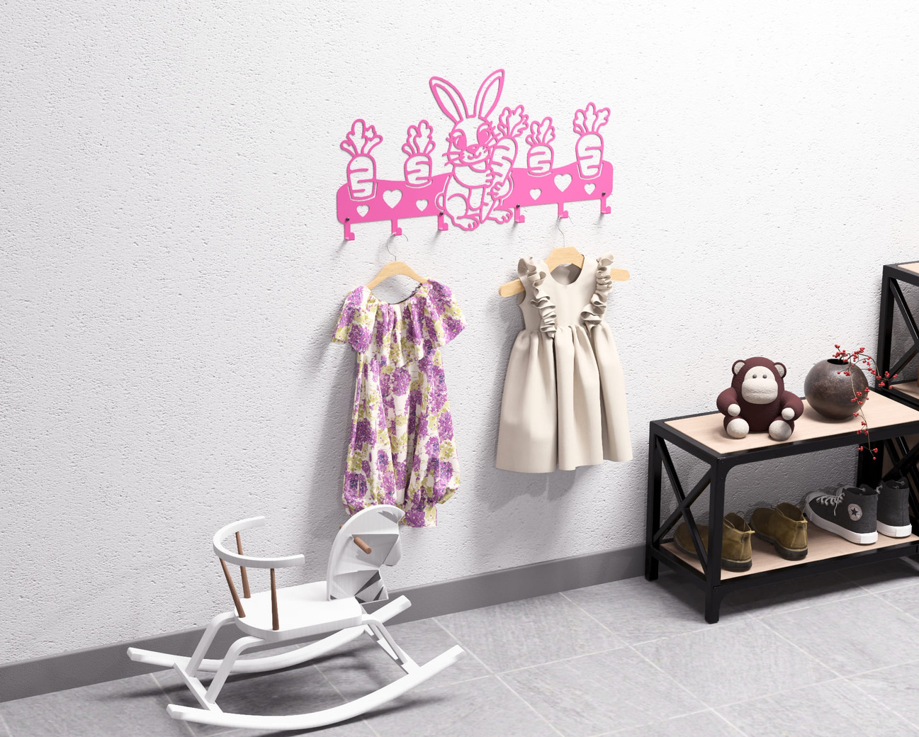 Cute Bunny with Carrots Children’s Wall-Mounted Coat Rack. DXF, SVG files for plasma, laser cutting. Wall Coatrack. Фото 7