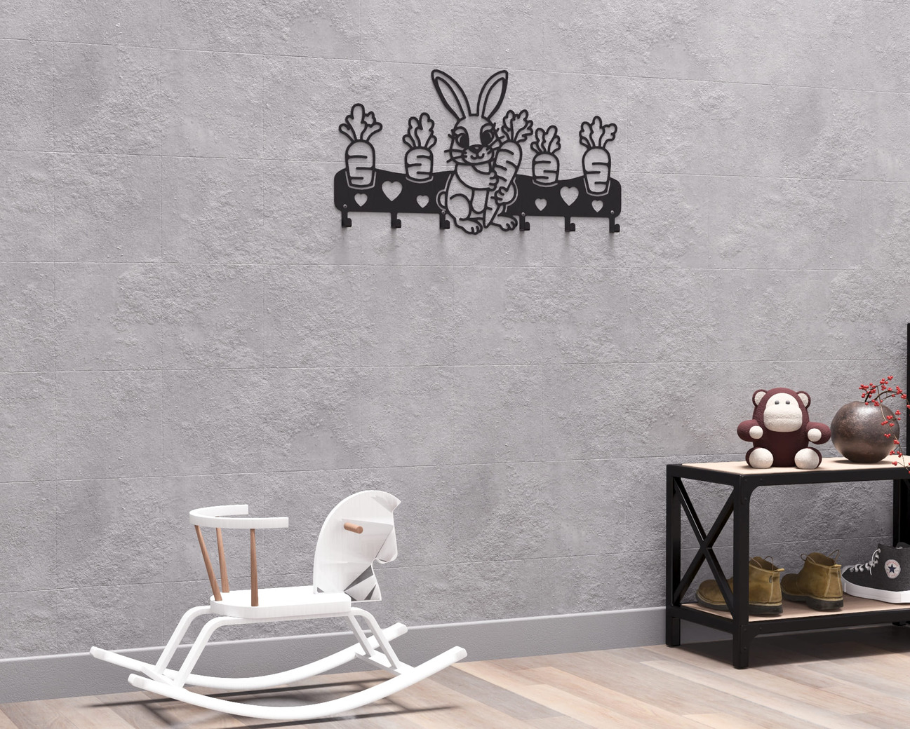 Cute Bunny with Carrots Children’s Wall-Mounted Coat Rack. DXF, SVG files for plasma, laser cutting. Wall Coatrack. Фото 9