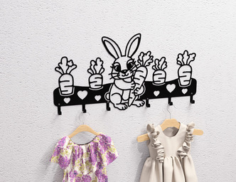 Cute Bunny with Carrots Children’s Wall-Mounted Coat Rack. DXF, SVG files for plasma, laser cutting. Wall Coatrack