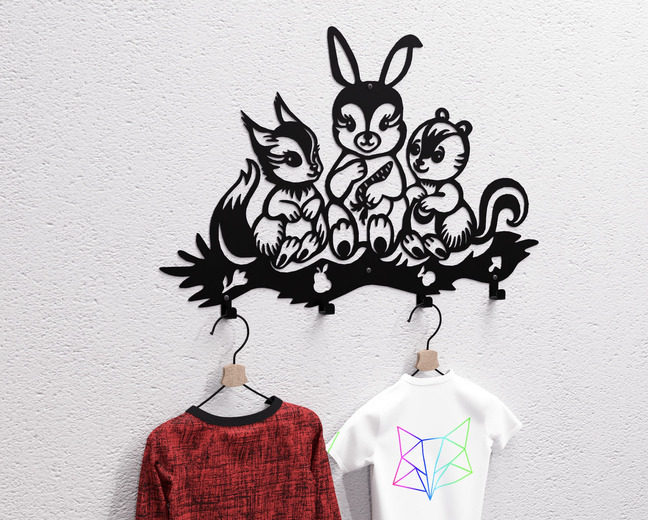 Forest Friends Kids’ Wall-Mounted Coat Rack. DXF, SVG files for plasma, laser cutting. Wall Coat Rack