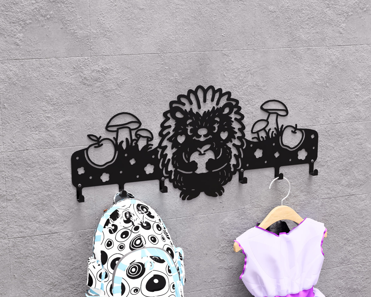 Hedgehog Kids’ Wall-Mounted Coat Rack. DXF, SVG files for plasma, laser cutting. Wall Mount Coat Rack