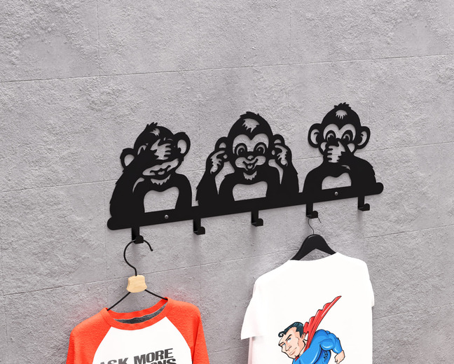 Three Wise Monkeys Kids’ Wall-Mounted Coat Rack. DXF, SVG files for plasma, laser cutting. Wall Mount Coat Rack