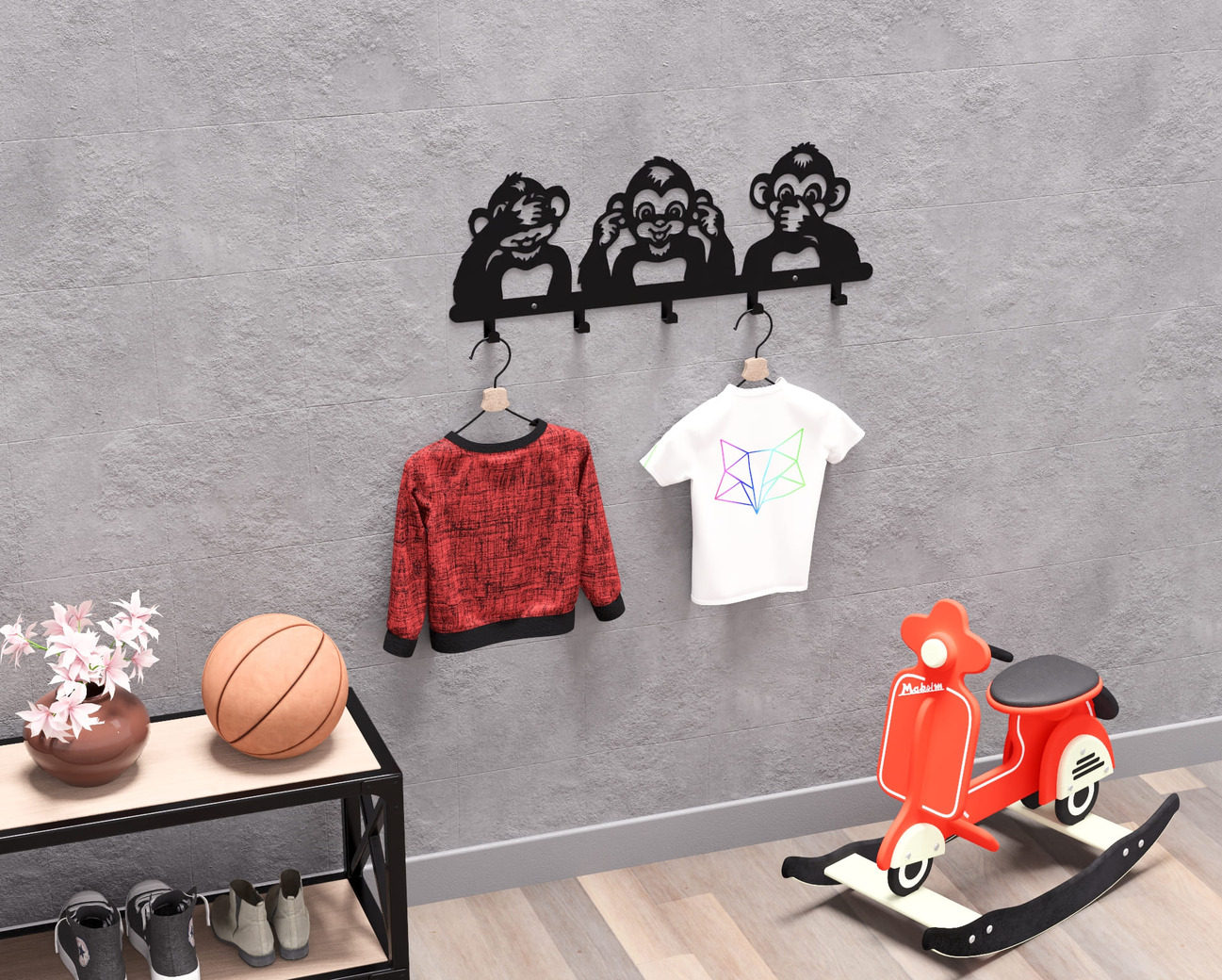 Three Wise Monkeys Kids’ Wall-Mounted Coat Rack. DXF, SVG files for plasma, laser cutting. Wall Mount Coat Rack. Фото 4