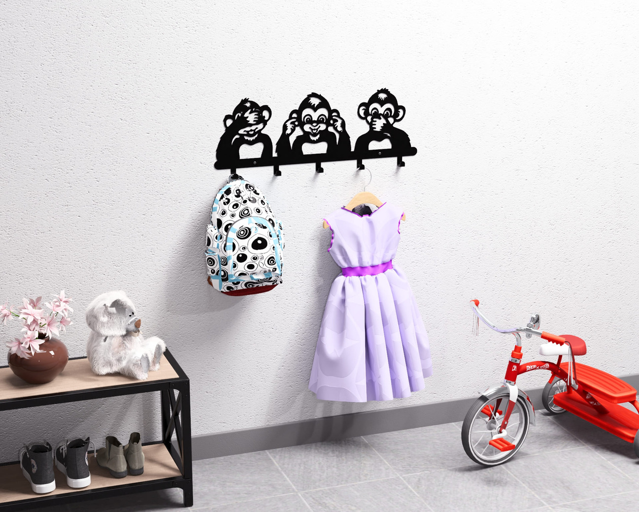 Three Wise Monkeys Kids’ Wall-Mounted Coat Rack. DXF, SVG files for plasma, laser cutting. Wall Mount Coat Rack. Фото 2