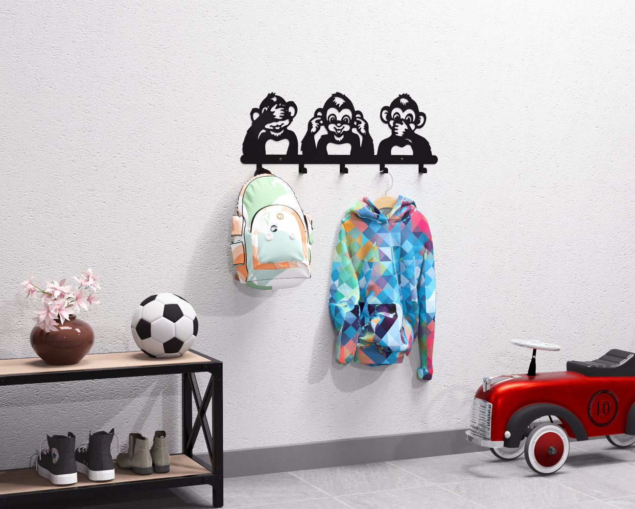 Three Wise Monkeys Kids’ Wall-Mounted Coat Rack. DXF, SVG files for plasma, laser cutting. Wall Mount Coat Rack. Фото 3