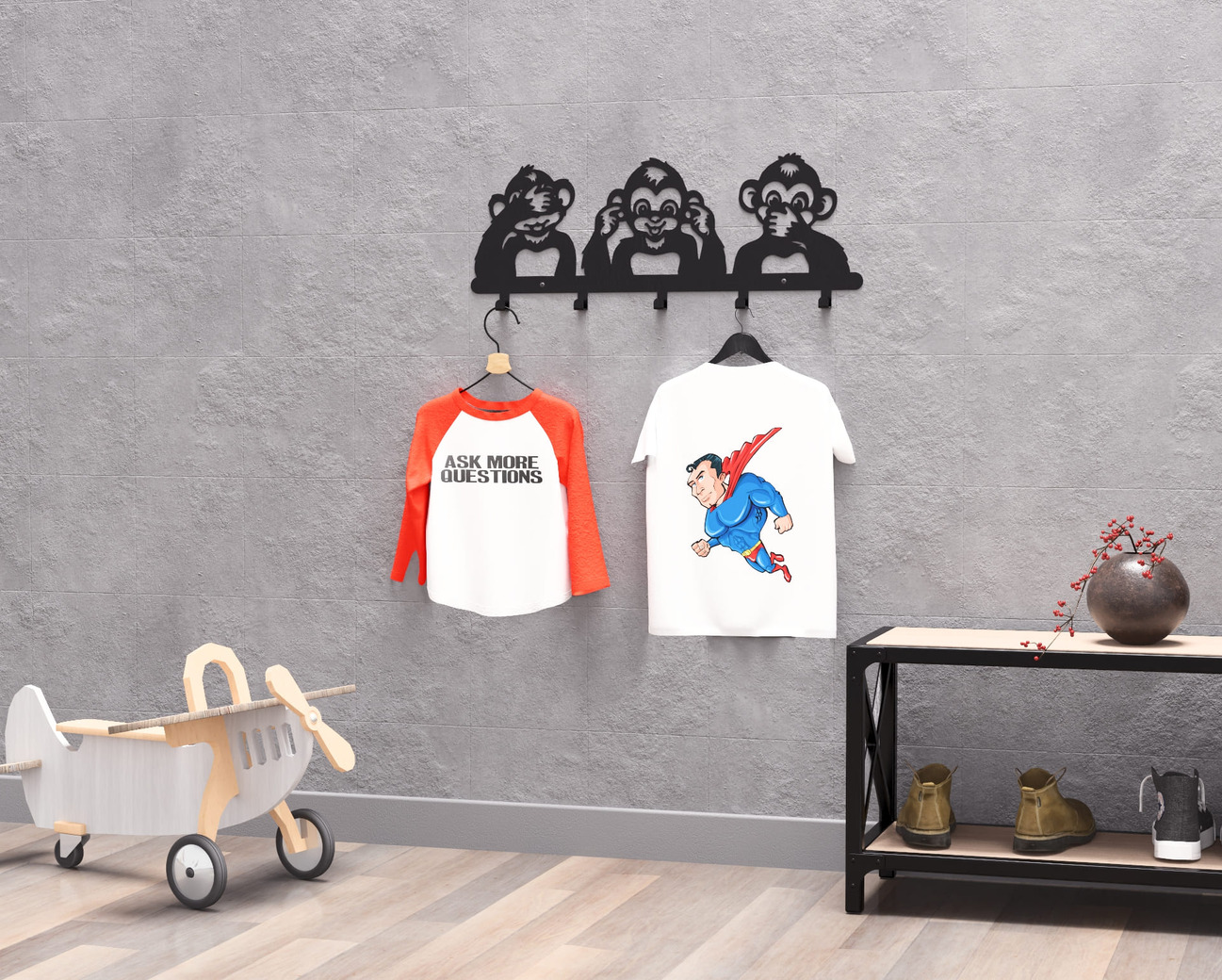 Three Wise Monkeys Kids’ Wall-Mounted Coat Rack. DXF, SVG files for plasma, laser cutting. Wall Mount Coat Rack. Фото 6
