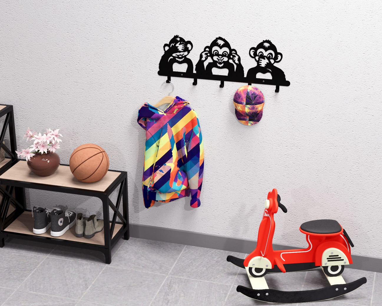 Three Wise Monkeys Kids’ Wall-Mounted Coat Rack. DXF, SVG files for plasma, laser cutting. Wall Mount Coat Rack. Фото 5