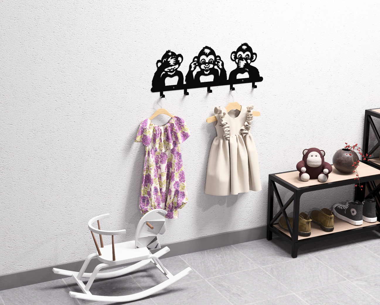 Three Wise Monkeys Kids’ Wall-Mounted Coat Rack. DXF, SVG files for plasma, laser cutting. Wall Mount Coat Rack. Фото 7