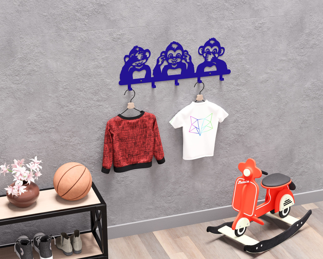 Three Wise Monkeys Kids’ Wall-Mounted Coat Rack. DXF, SVG files for plasma, laser cutting. Wall Mount Coat Rack. Фото 14