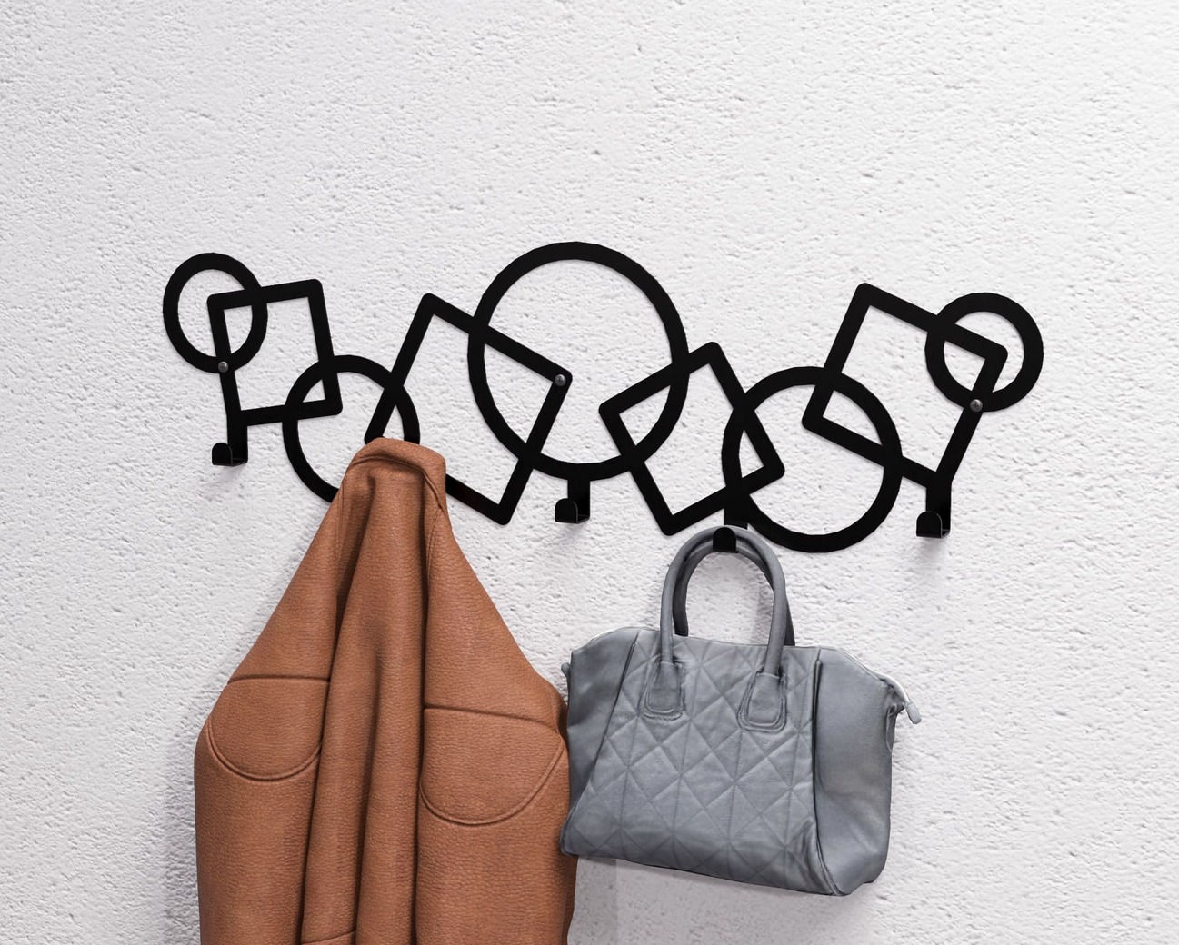 Abstract Circles and Squares Pattern Wall-Mounted Coat Rack. DXF, SVG files for plasma, laser cutting. Wall Coatrack