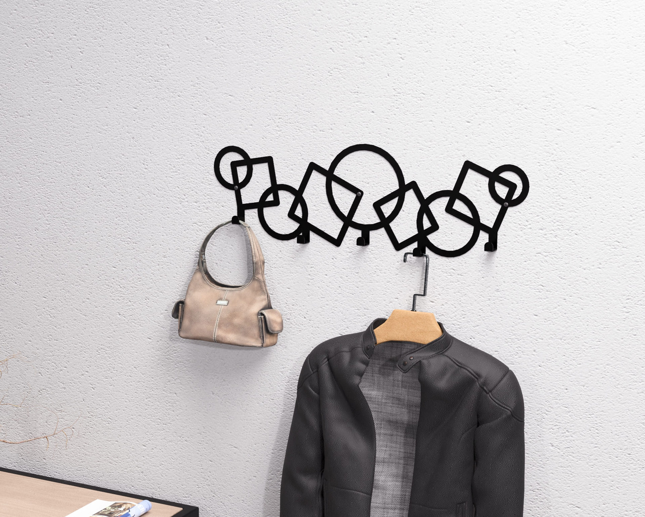 Abstract Circles and Squares Pattern Wall-Mounted Coat Rack. DXF, SVG files for plasma, laser cutting. Wall Coatrack. Фото 2