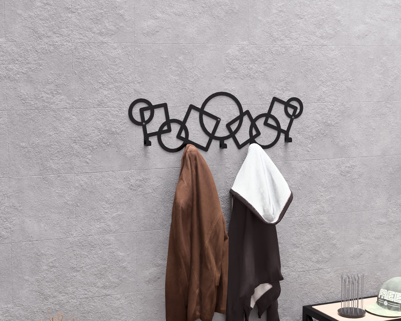 Abstract Circles and Squares Pattern Wall-Mounted Coat Rack. DXF, SVG files for plasma, laser cutting. Wall Coatrack. Фото 5
