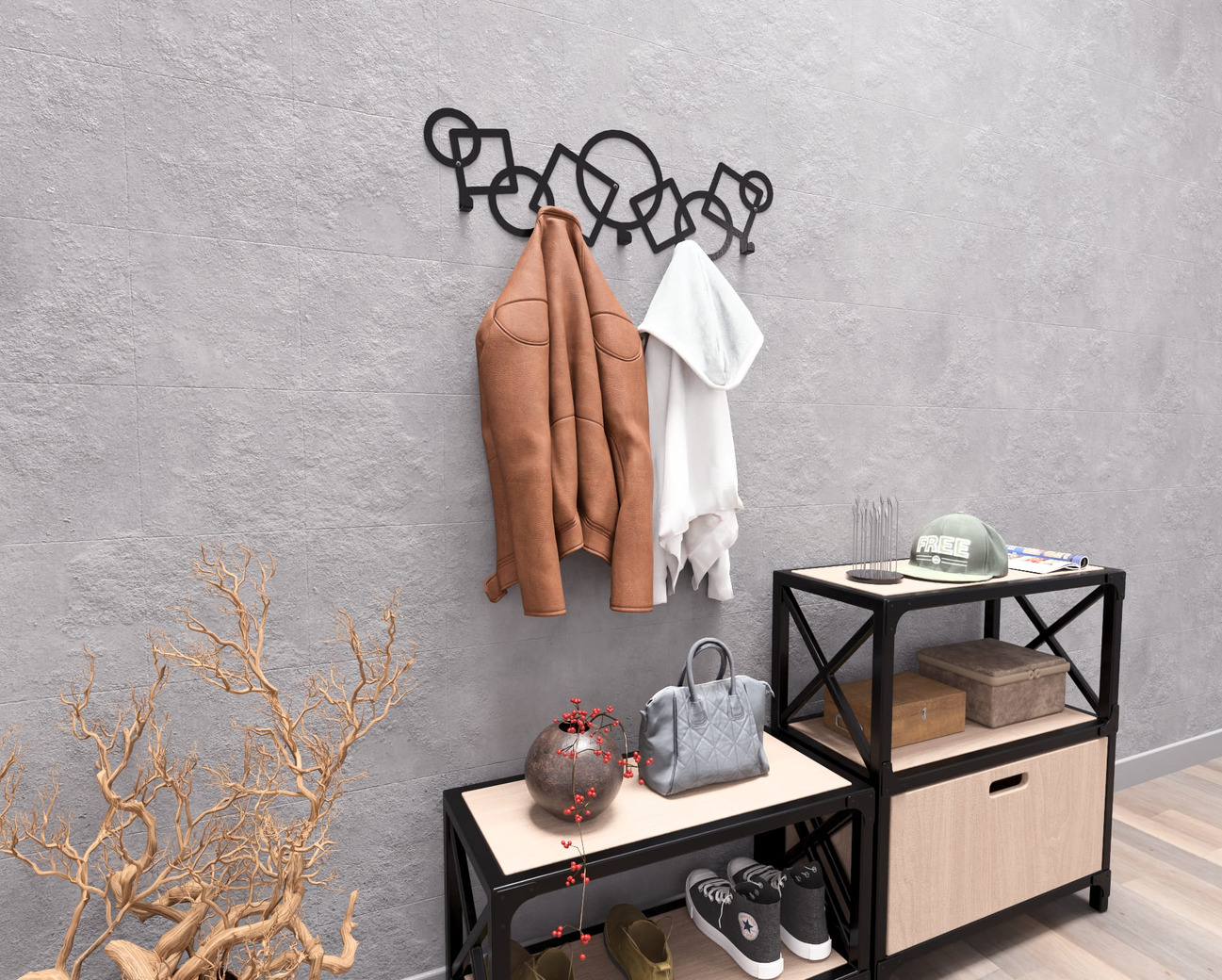 Abstract Circles and Squares Pattern Wall-Mounted Coat Rack. DXF, SVG files for plasma, laser cutting. Wall Coatrack. Фото 4