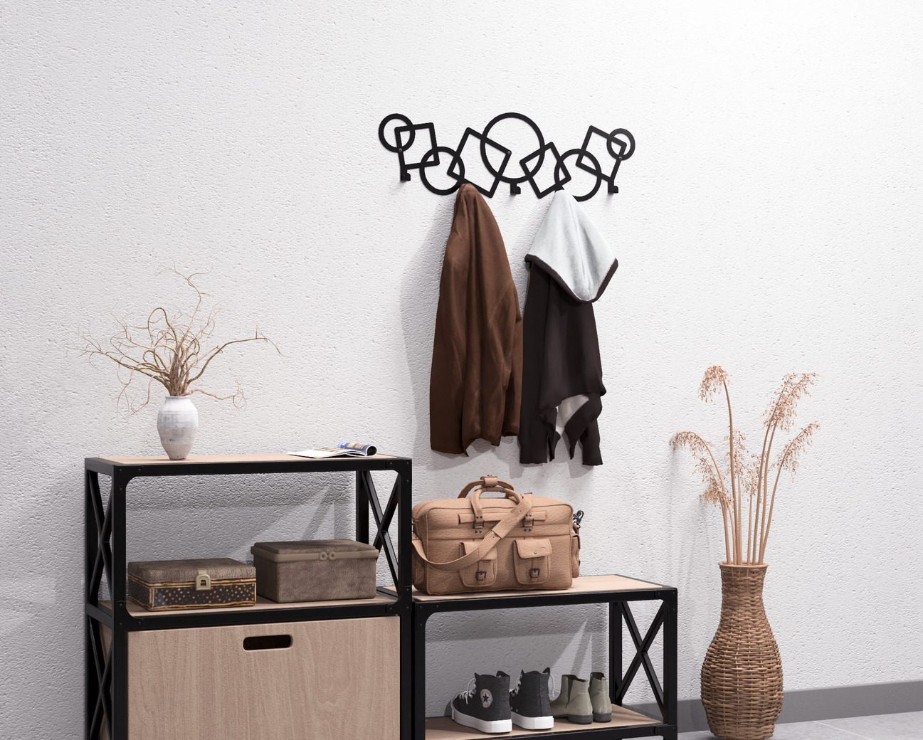 Abstract Circles and Squares Pattern Wall-Mounted Coat Rack. DXF, SVG files for plasma, laser cutting. Wall Coatrack. Фото 6