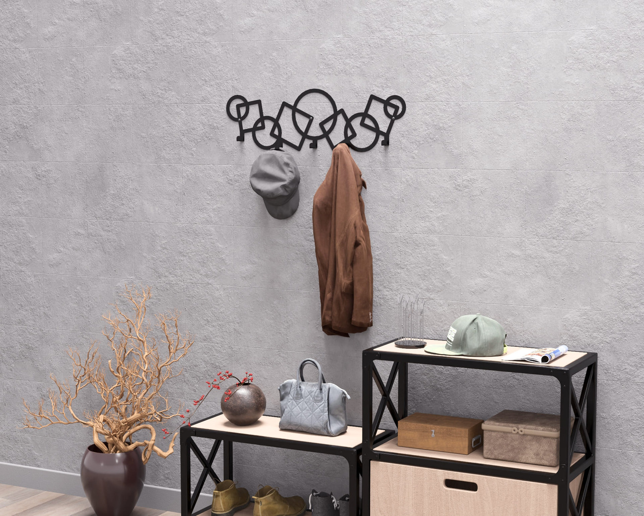 Abstract Circles and Squares Pattern Wall-Mounted Coat Rack. DXF, SVG files for plasma, laser cutting. Wall Coatrack. Фото 9