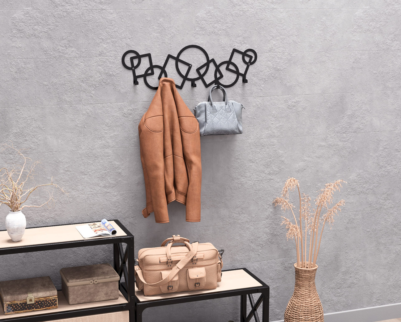 Abstract Circles and Squares Pattern Wall-Mounted Coat Rack. DXF, SVG files for plasma, laser cutting. Wall Coatrack. Фото 7