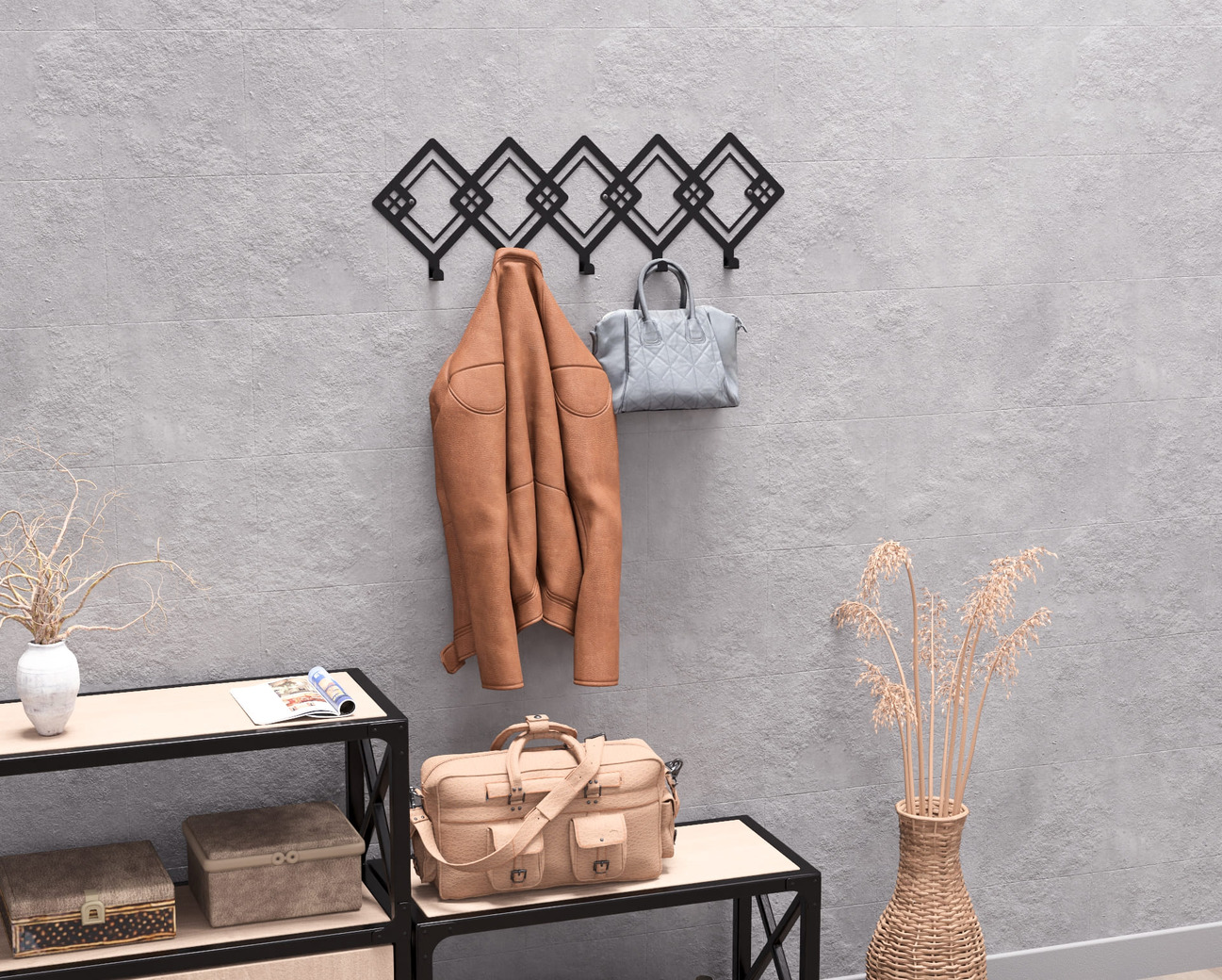 Abstract Rhombus Pattern Wall-Mounted Coat Rack. DXF, SVG files for plasma, laser cutting. Wall Coatrack. Фото 7