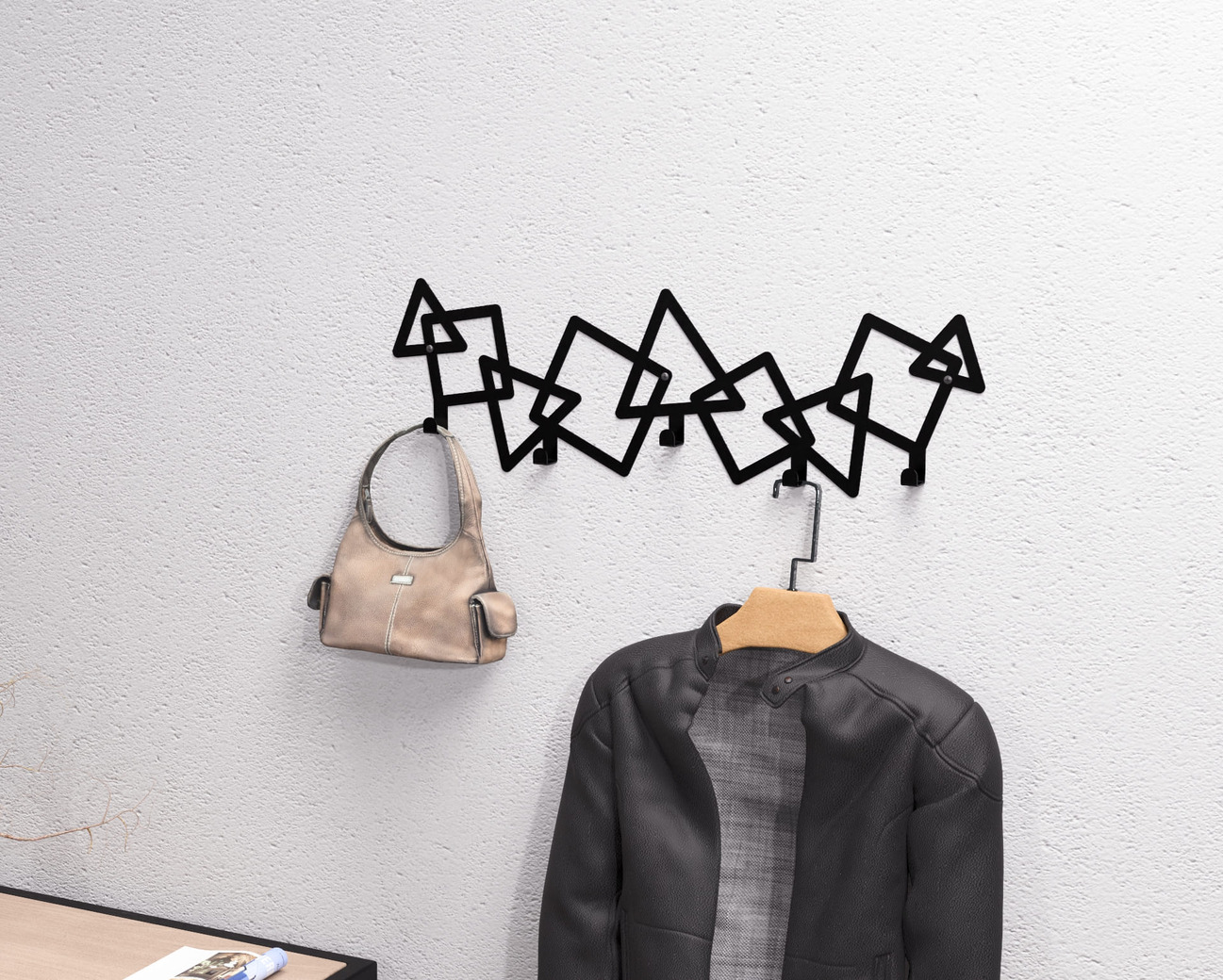 Abstract Triangles and Squares Pattern Wall-Mounted Coat Rack. DXF, SVG files for plasma, laser cutting. Wall Mount Coat Rack. Фото 2