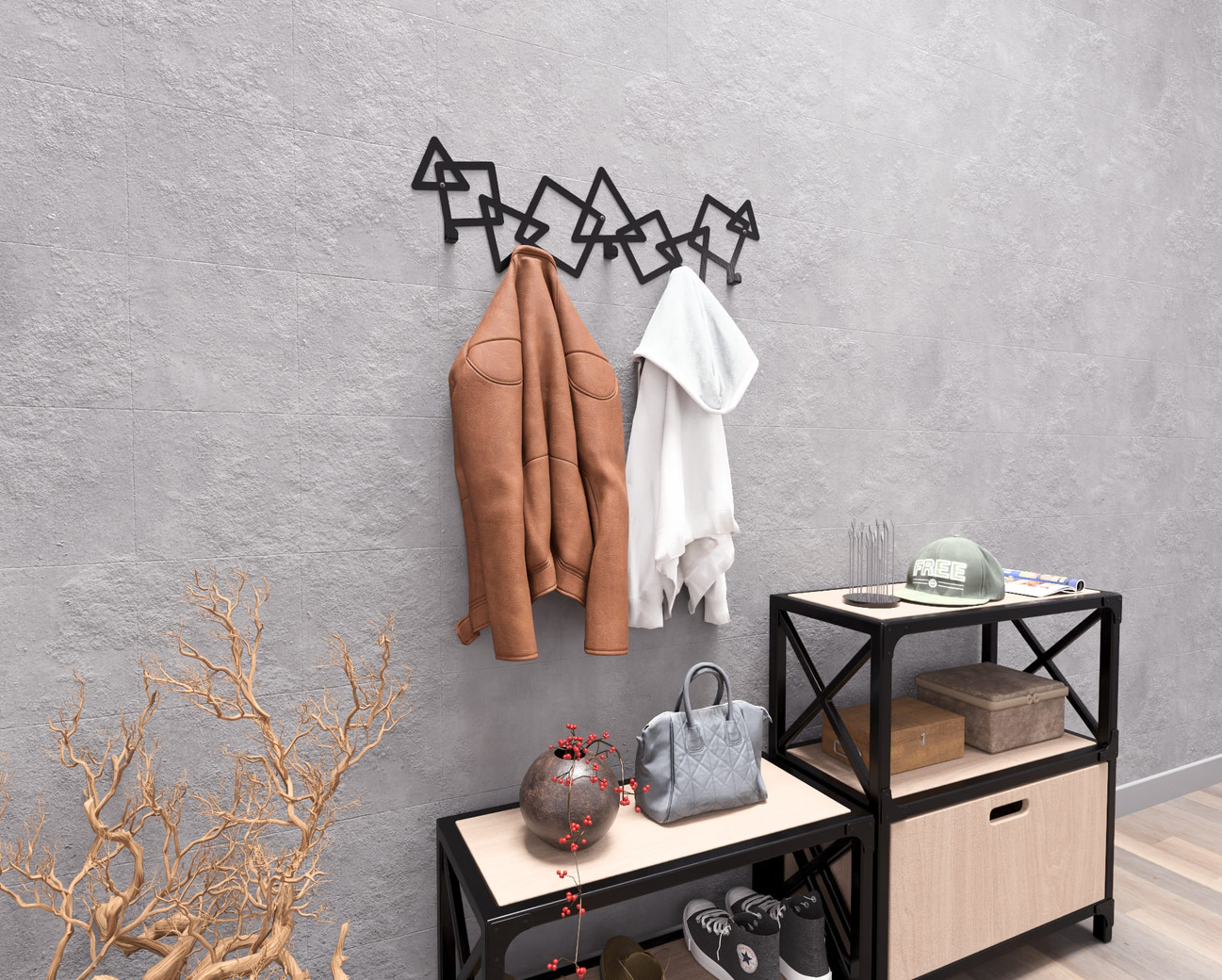 Abstract Triangles and Squares Pattern Wall-Mounted Coat Rack. DXF, SVG files for plasma, laser cutting. Wall Mount Coat Rack. Фото 4