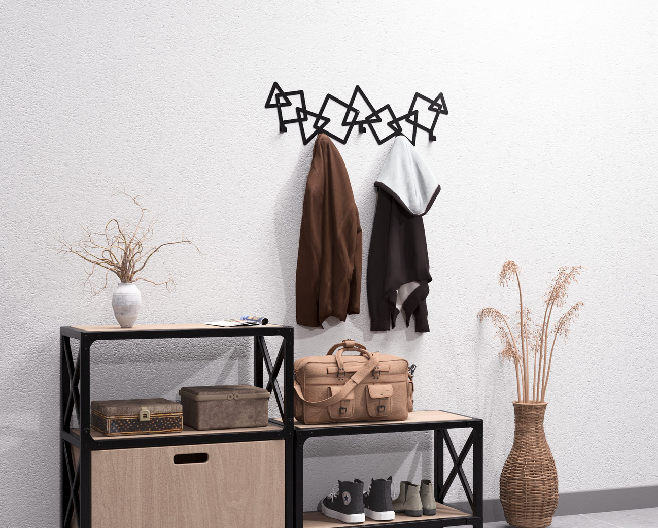 Abstract Triangles and Squares Pattern Wall-Mounted Coat Rack. DXF, SVG files for plasma, laser cutting. Wall Mount Coat Rack. Фото 6