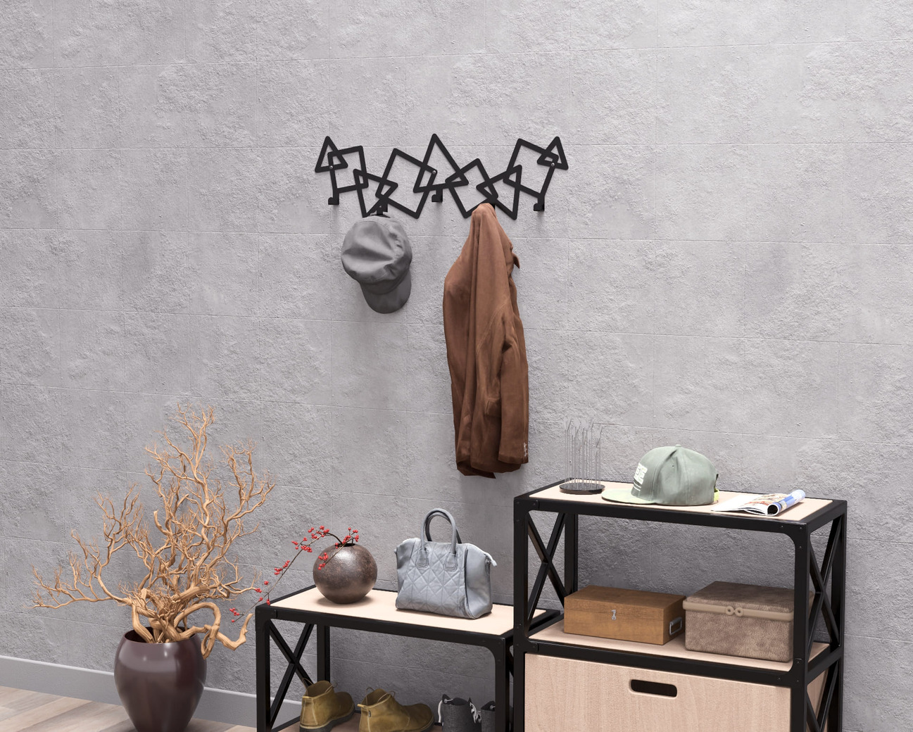 Abstract Triangles and Squares Pattern Wall-Mounted Coat Rack. DXF, SVG files for plasma, laser cutting. Wall Mount Coat Rack. Фото 7