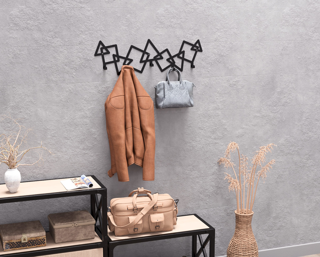 Abstract Triangles and Squares Pattern Wall-Mounted Coat Rack. DXF, SVG files for plasma, laser cutting. Wall Mount Coat Rack. Фото 8