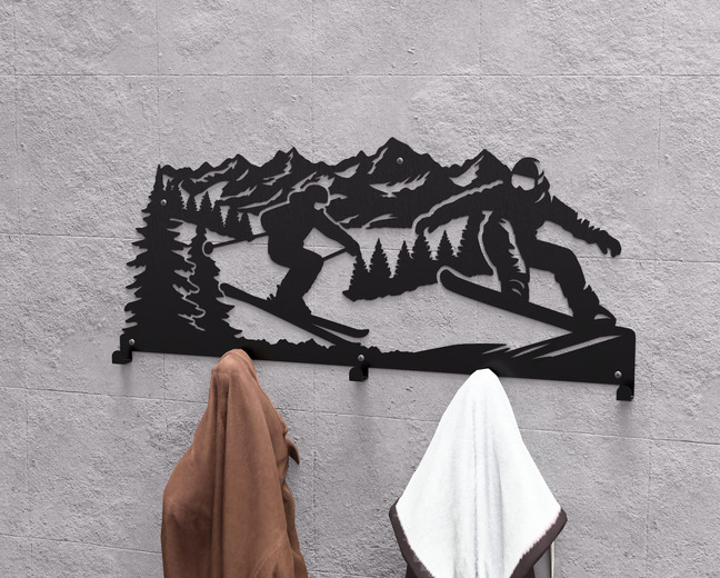 Mountain Snowboarding and Skiing Wall-Mounted Coat Rack. DXF, SVG files for plasma, laser cutting. Wall Coatrack