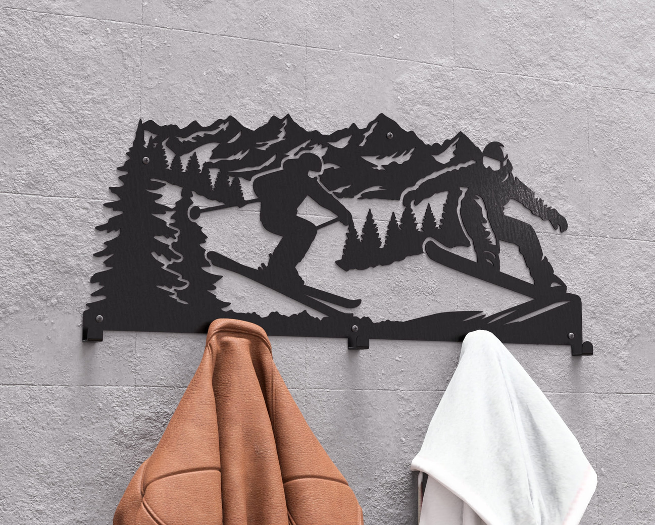 Mountain Snowboarding and Skiing Wall-Mounted Coat Rack. DXF, SVG files for plasma, laser cutting. Wall Coatrack. Фото 3