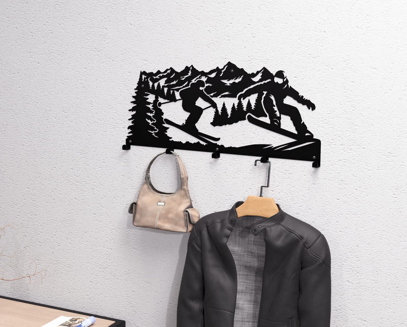 Mountain Snowboarding and Skiing Wall-Mounted Coat Rack. DXF, SVG files for plasma, laser cutting. Wall Coatrack. Фото 2