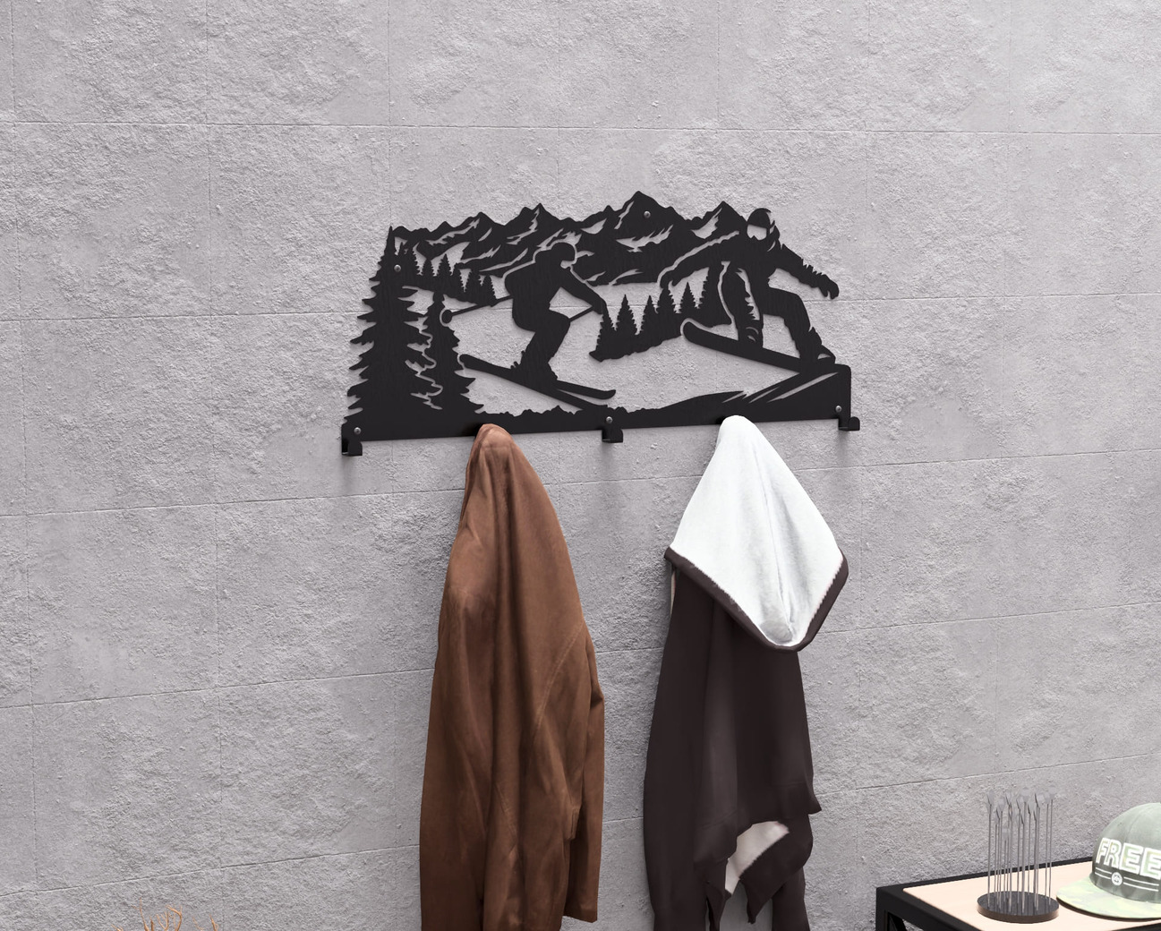 Mountain Snowboarding and Skiing Wall-Mounted Coat Rack. DXF, SVG files for plasma, laser cutting. Wall Coatrack. Фото 4