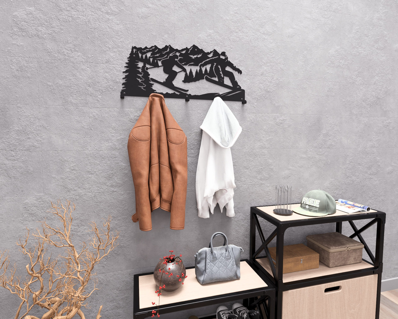 Mountain Snowboarding and Skiing Wall-Mounted Coat Rack. DXF, SVG files for plasma, laser cutting. Wall Coatrack. Фото 5