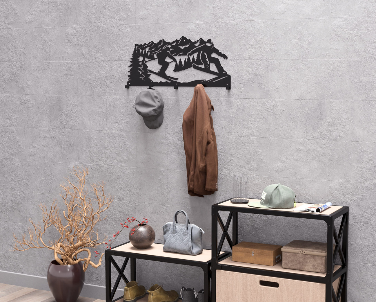 Mountain Snowboarding and Skiing Wall-Mounted Coat Rack. DXF, SVG files for plasma, laser cutting. Wall Coatrack. Фото 7