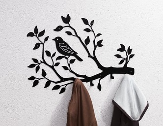 Bird on a Branch Wall-Mounted Coat Rack V1. DXF, SVG files for plasma, laser cutting. Wall Coatrack