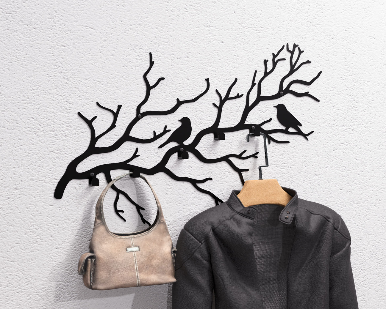 Birds on a Branch Wall-Mounted Coat Rack V1. DXF, SVG files for plasma, laser cutting. Wall Coatrack