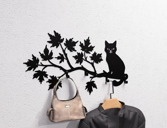 Cat on a Maple Branch Wall-Mounted Coat Rack. DXF, SVG files for plasma, laser cutting. Wall Coatrack