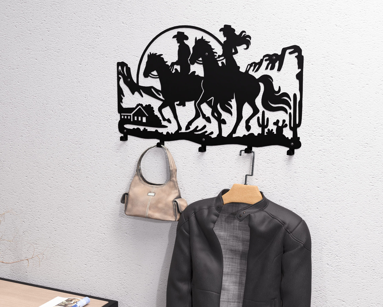 Cowboy and Cowgirl Riding Wall-Mounted Coat Rack. DXF, SVG files for plasma, laser cutting. Wall Coatrack. Фото 2