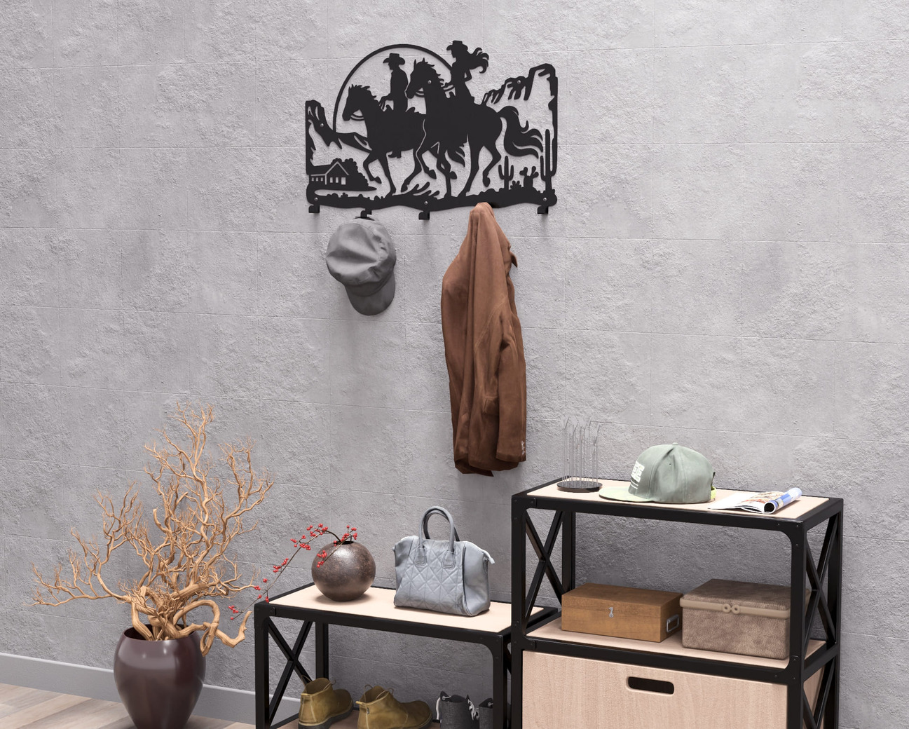 Cowboy and Cowgirl Riding Wall-Mounted Coat Rack. DXF, SVG files for plasma, laser cutting. Wall Coatrack. Фото 7