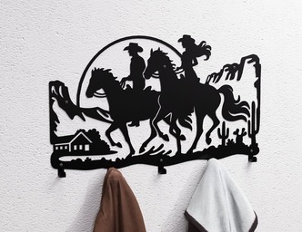 Cowboy and Cowgirl Riding Wall-Mounted Coat Rack. DXF, SVG files for plasma, laser cutting. Wall Coatrack