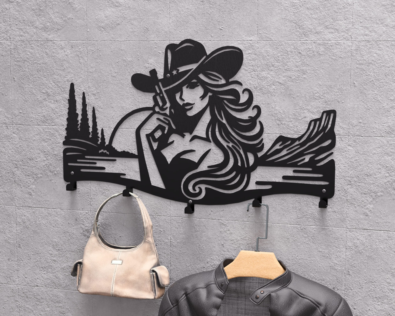 Cowgirl Wall-Mounted Coat Rack. DXF, SVG files for plasma, laser cutting. Wall Coatrack