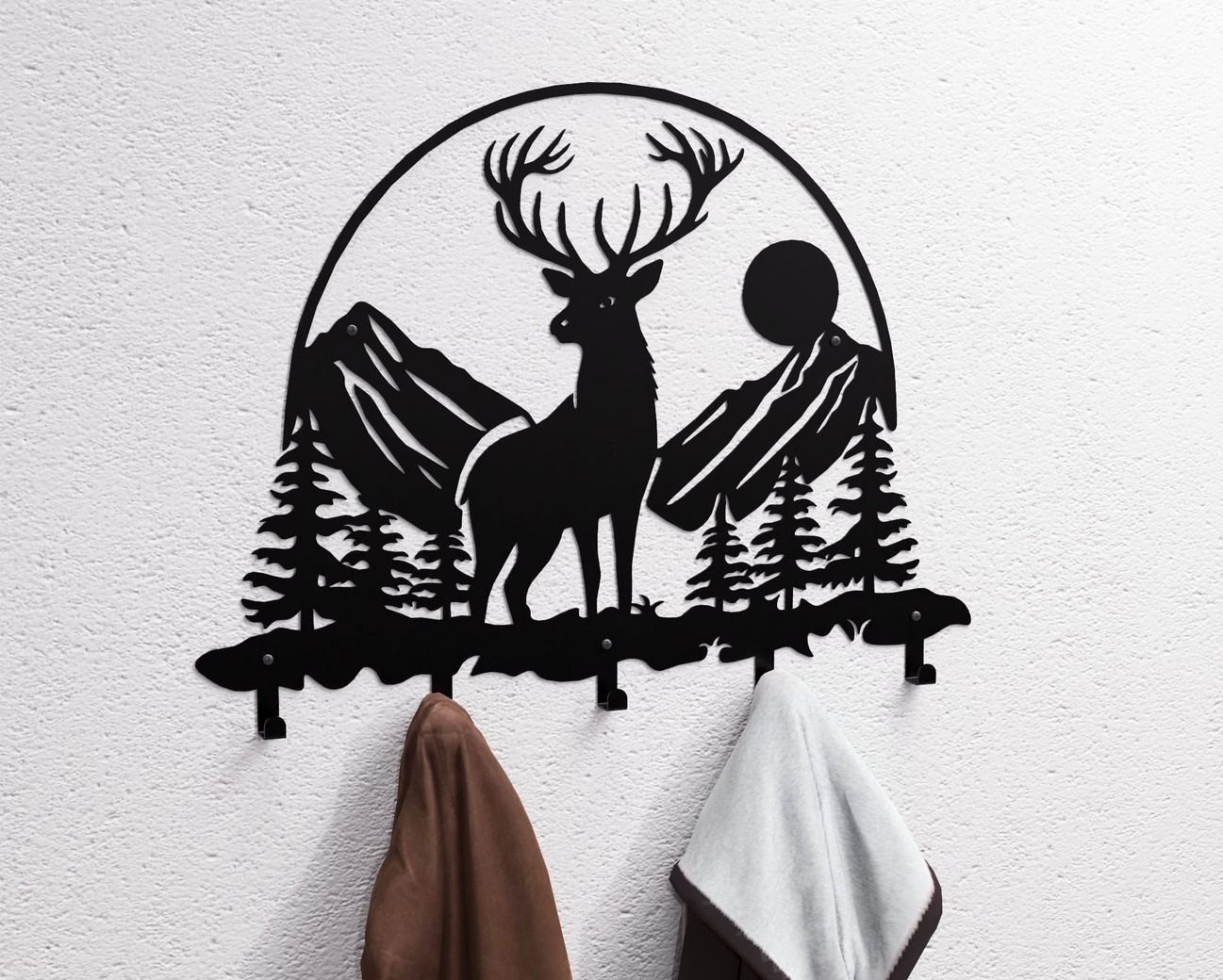 Deer in the Mountain Wall-Mounted Coat Rack V1. DXF, SVG files for plasma, laser cutting. Wall Coatrack