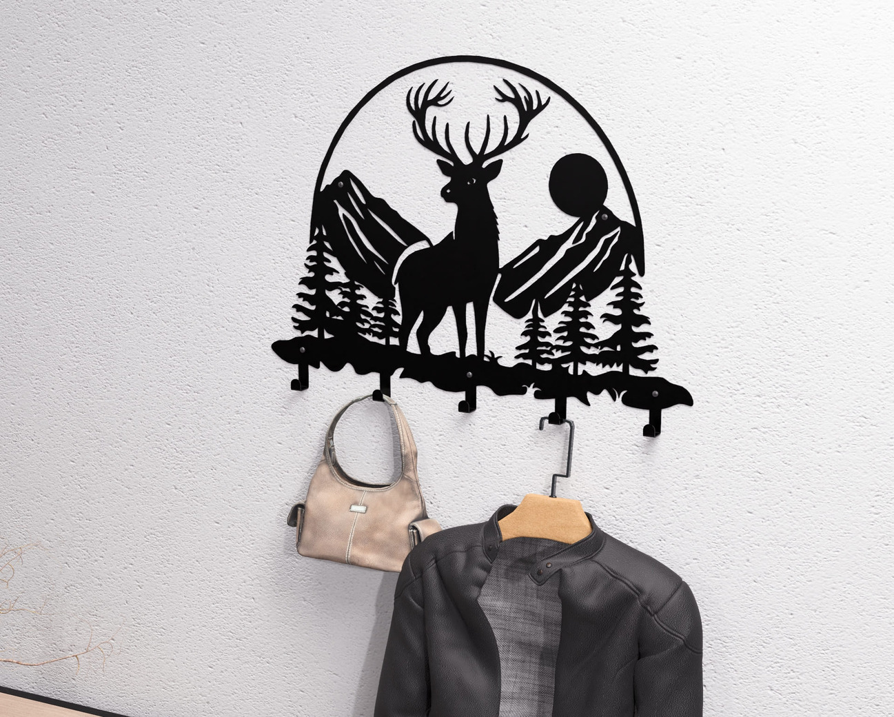 Deer in the Mountain Wall-Mounted Coat Rack V1. DXF, SVG files for plasma, laser cutting. Wall Coatrack. Фото 3