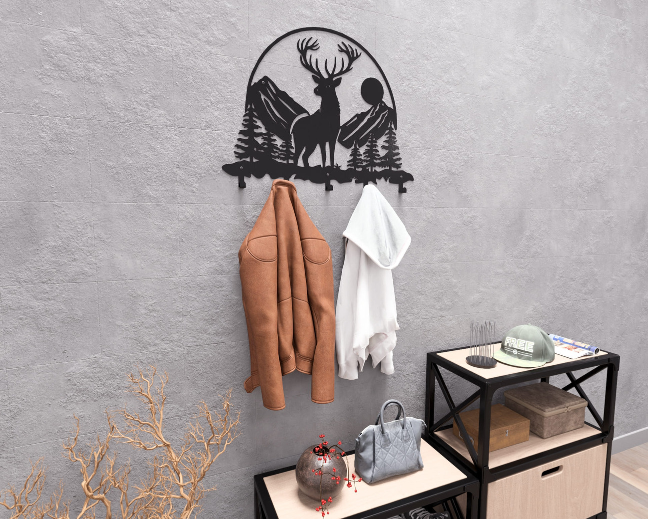 Deer in the Mountain Wall-Mounted Coat Rack V1. DXF, SVG files for plasma, laser cutting. Wall Coatrack. Фото 6