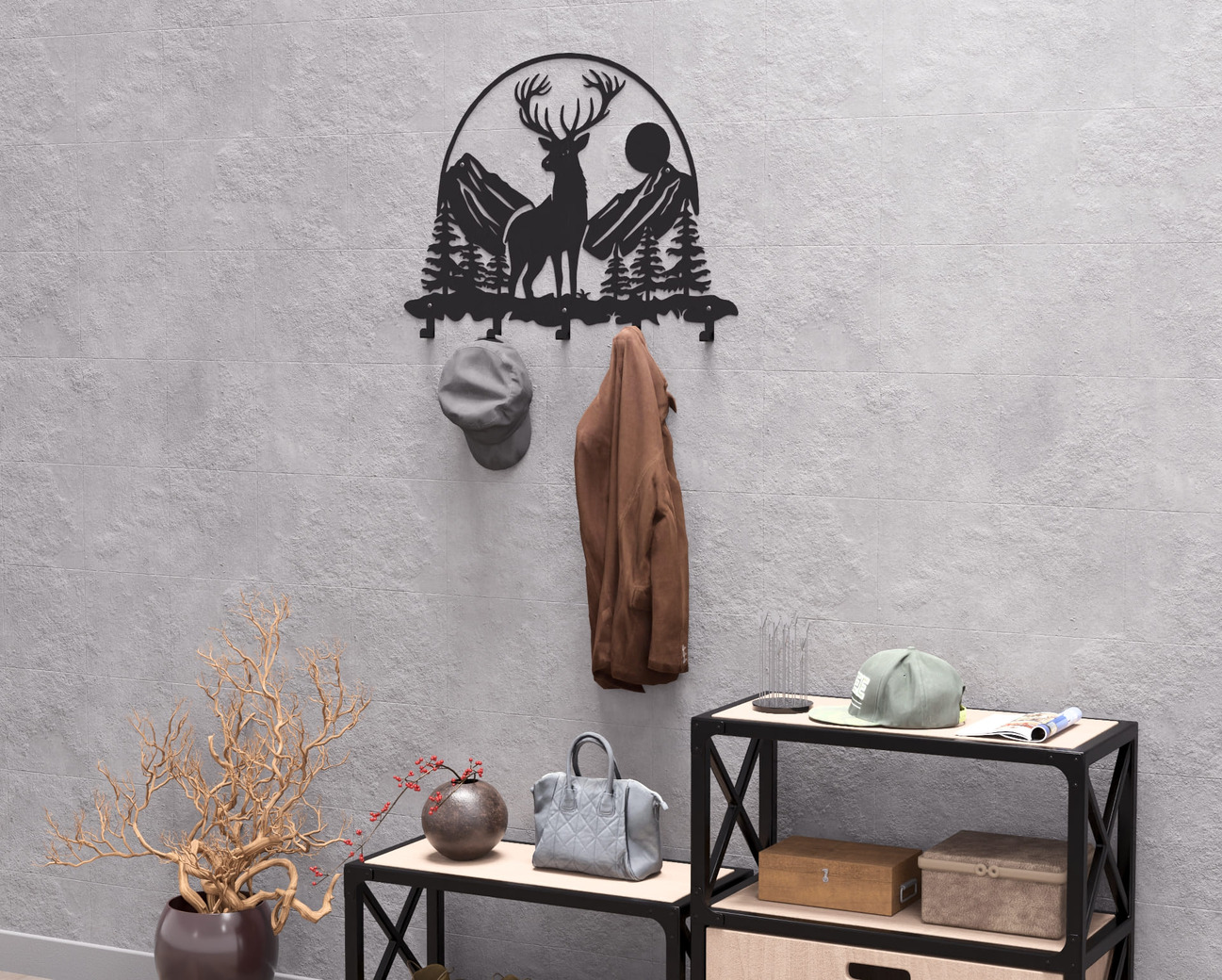 Deer in the Mountain Wall-Mounted Coat Rack V1. DXF, SVG files for plasma, laser cutting. Wall Coatrack. Фото 7