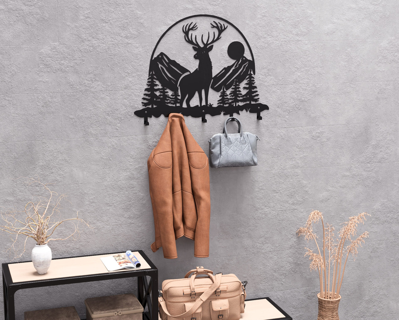 Deer in the Mountain Wall-Mounted Coat Rack V1. DXF, SVG files for plasma, laser cutting. Wall Coatrack. Фото 9