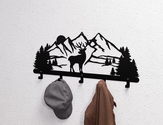 Deer in the Mountain Wall-Mounted Coat Rack V2. DXF, SVG files for plasma, laser cutting. Wall Coatrack