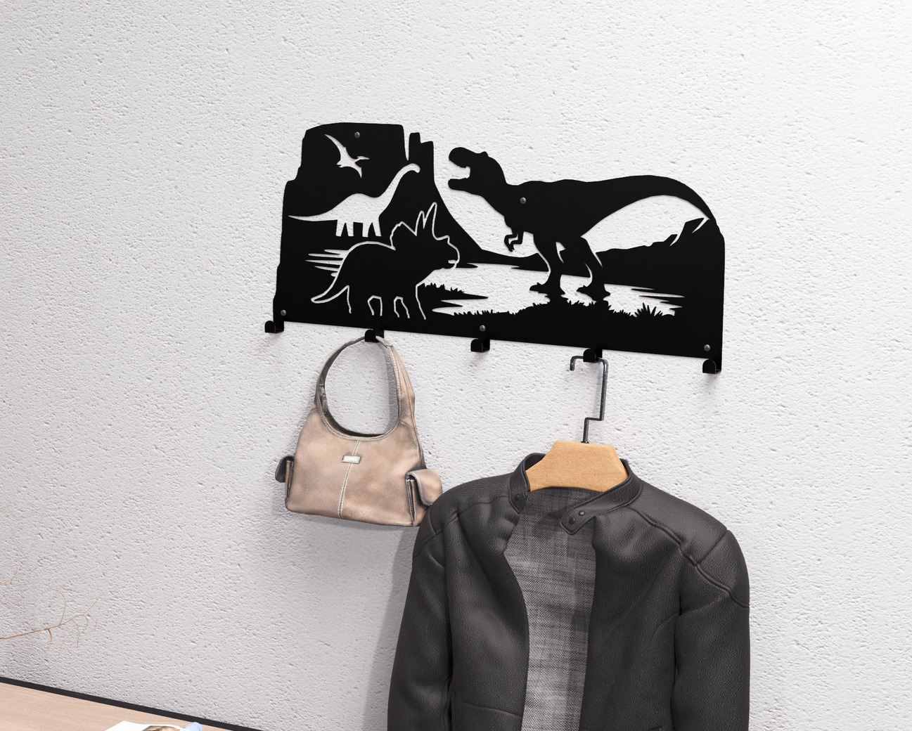 Dinosaurs Wall-Mounted Coat Rack. DXF, SVG files for plasma, laser cutting. Wall Coatrack. Фото 2