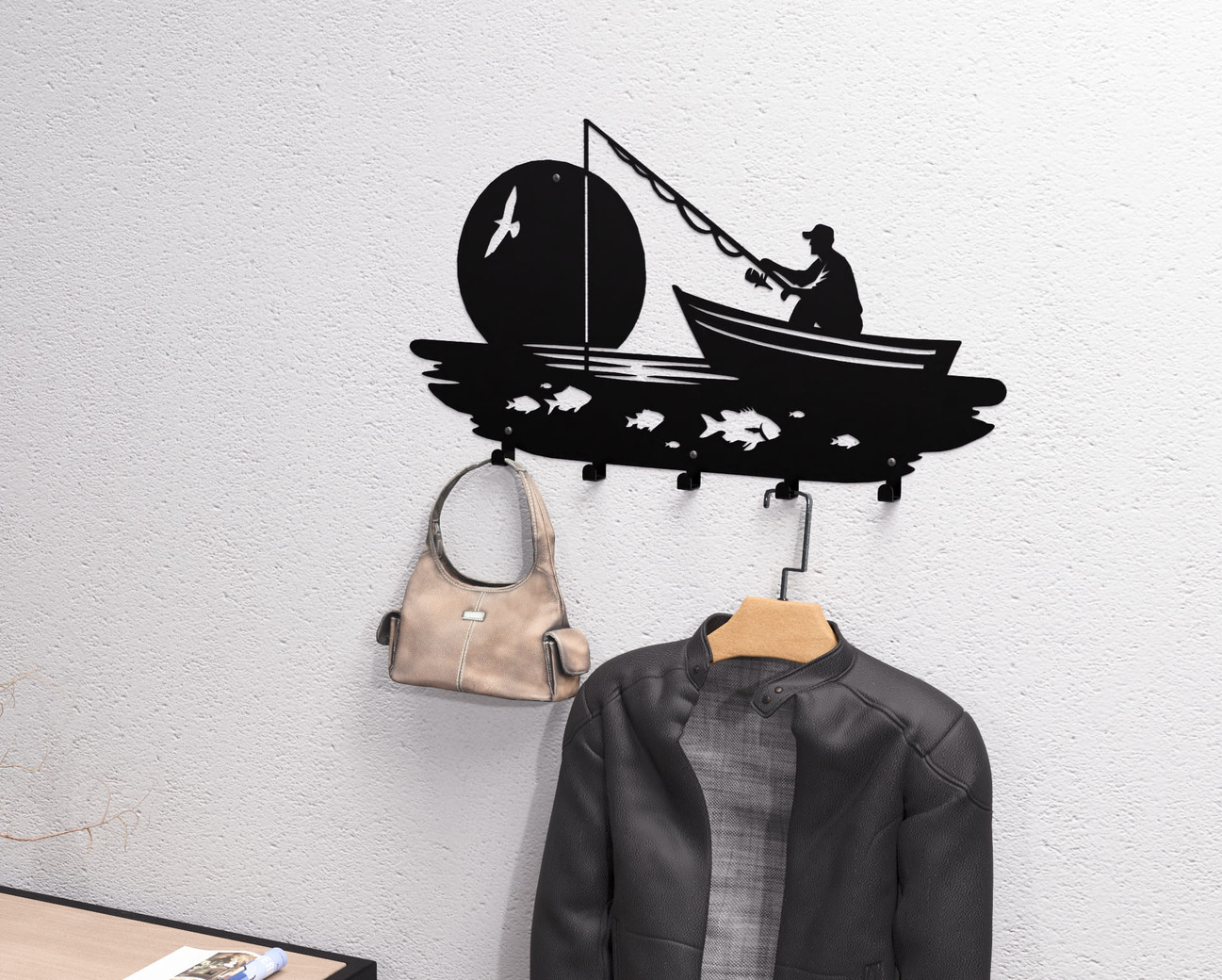 Fishing Wall-Mounted Coat Rack V1. DXF, SVG files for plasma, laser cutting. Wall Coat Rack. Фото 3