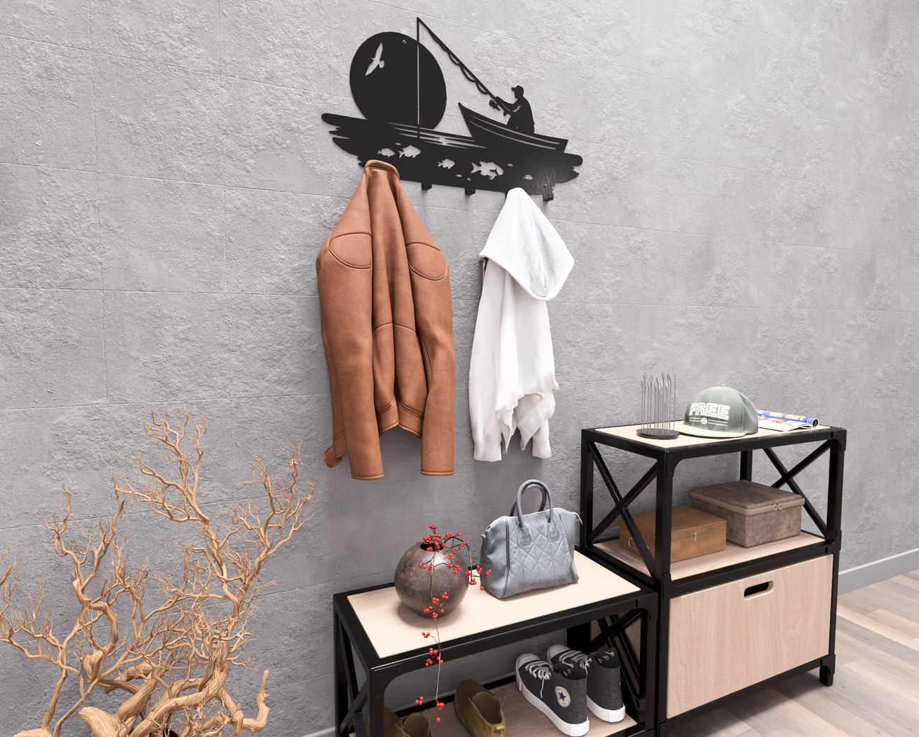 Fishing Wall-Mounted Coat Rack V1. DXF, SVG files for plasma, laser cutting. Wall Coat Rack. Фото 4