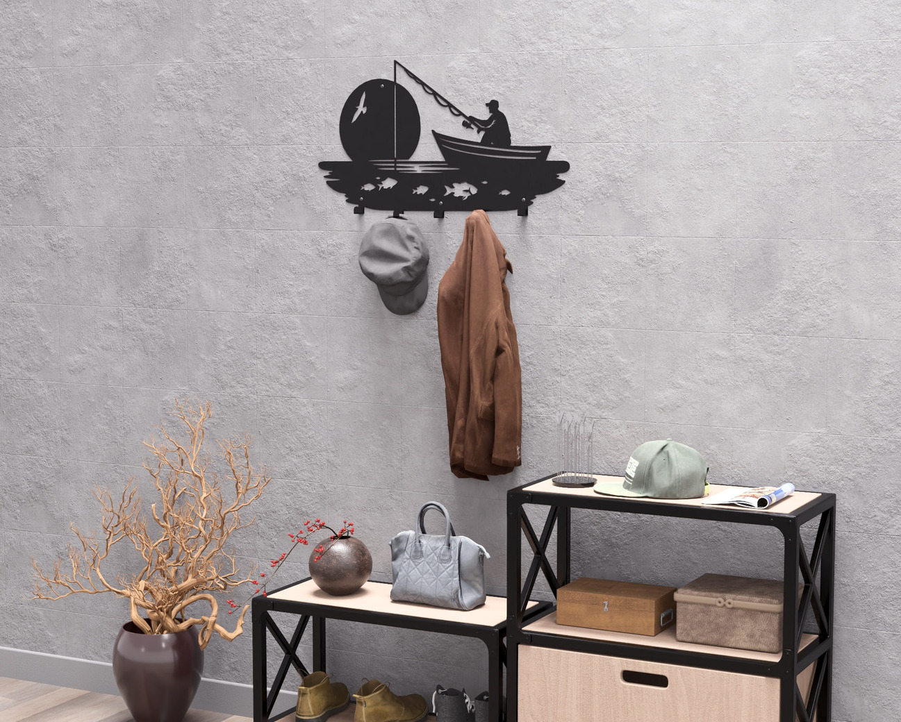 Fishing Wall-Mounted Coat Rack V1. DXF, SVG files for plasma, laser cutting. Wall Coat Rack. Фото 10