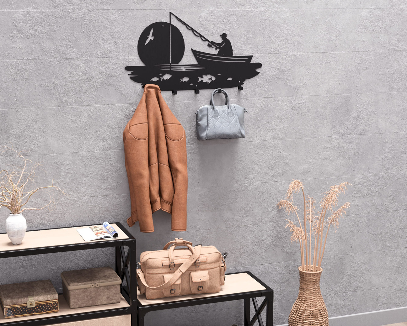 Fishing Wall-Mounted Coat Rack V1. DXF, SVG files for plasma, laser cutting. Wall Coat Rack. Фото 7
